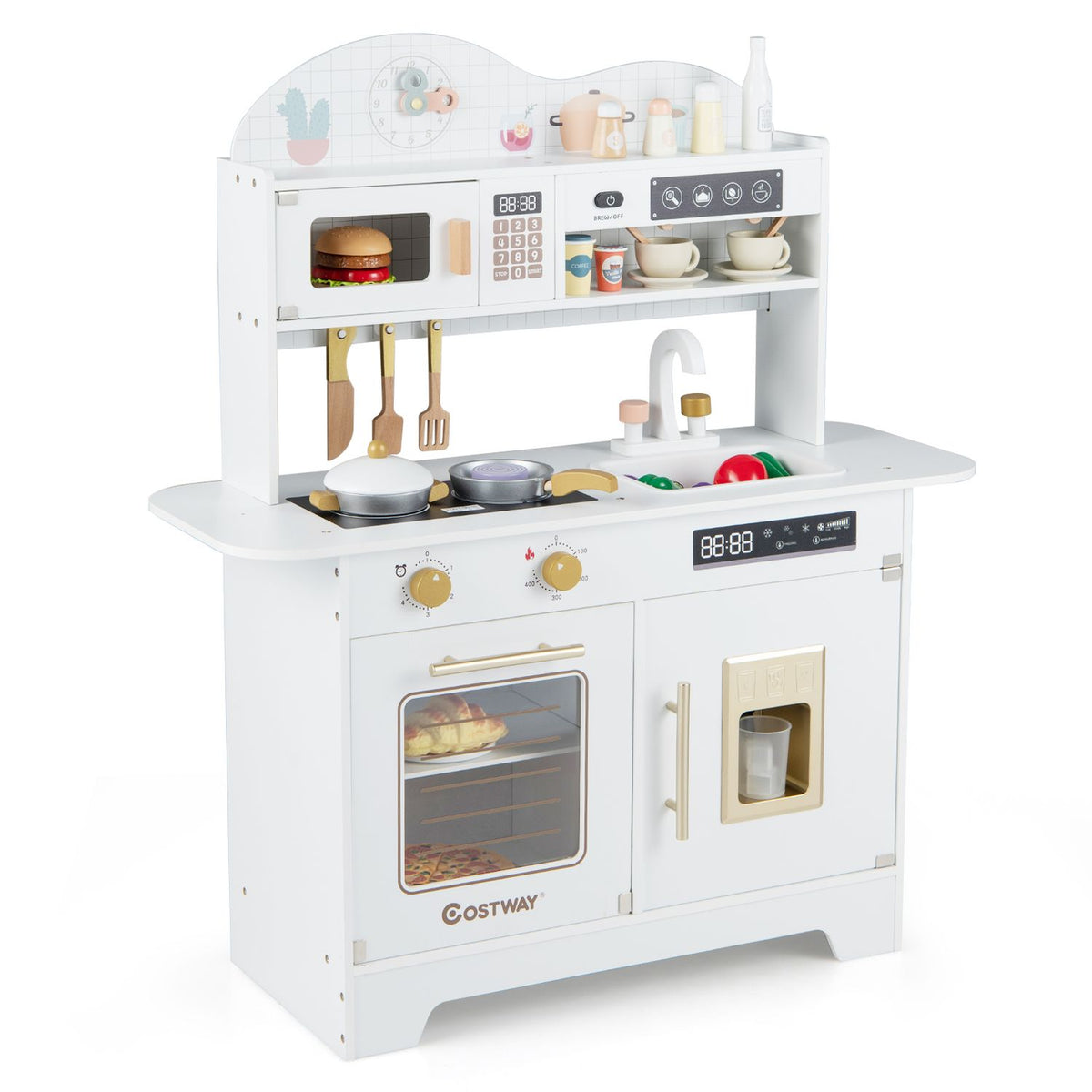 Kids Kitchen Playset with 17 Pcs Accessories and Oven Ice Maker and Stove-Pink