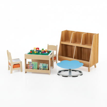 Kids Learning & Play Essentials Bundle — Bookshelf + 4-in-1 Activity Table Set + 360° Swivel Chair
