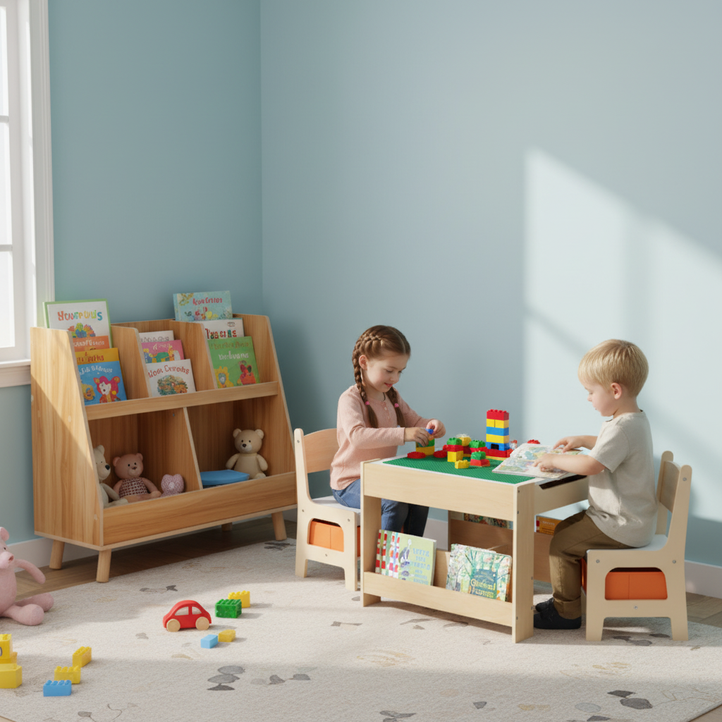 Kids Learning & Play Essentials Bundle — Bookshelf + 4-in-1 Activity Table Set + 360° Swivel Chair