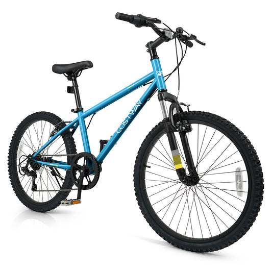 Blue 20-inch kids' mountain bike for boys and girls aged 8+ with sturdy frame and knobby tires, ideal for outdoor riding adventures.