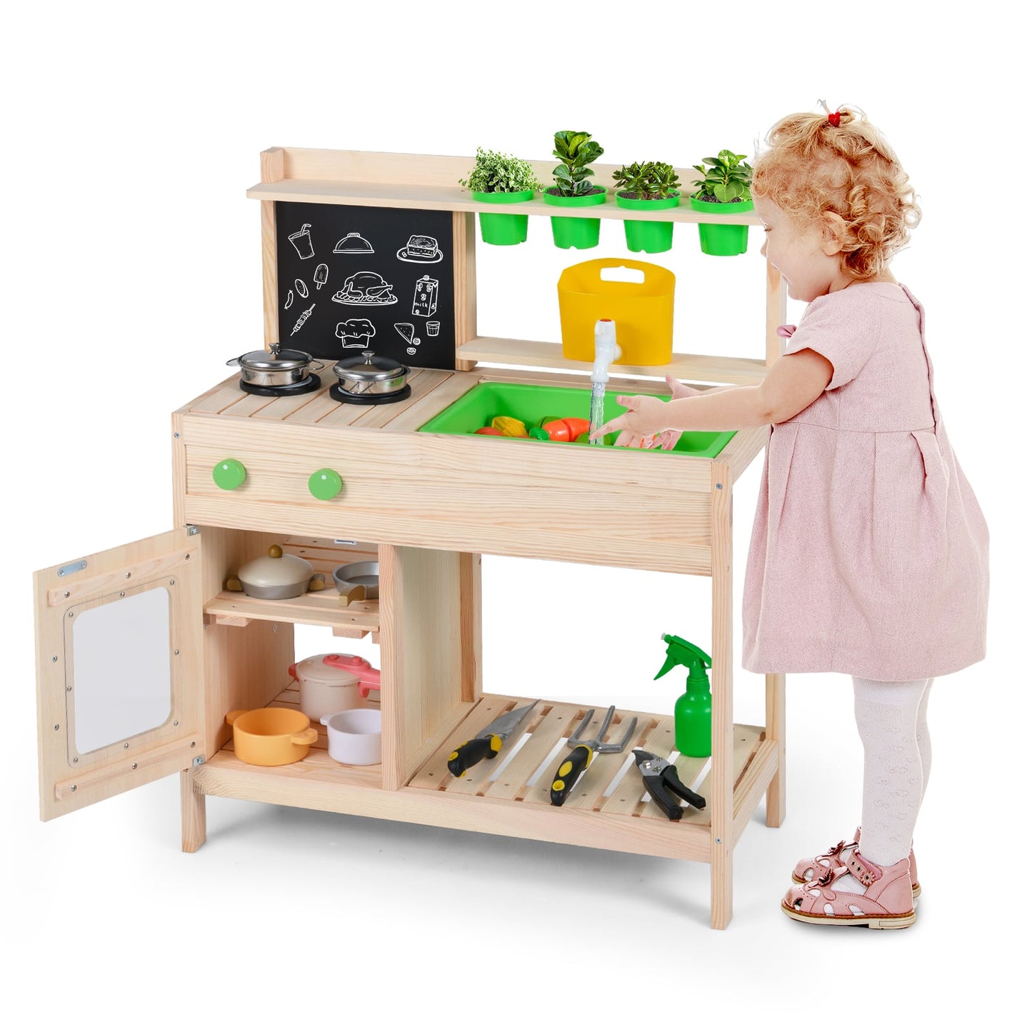 Kids Mud Kitchen Play Pretend Kitchen with Chalkboard for Kids Aged 3+