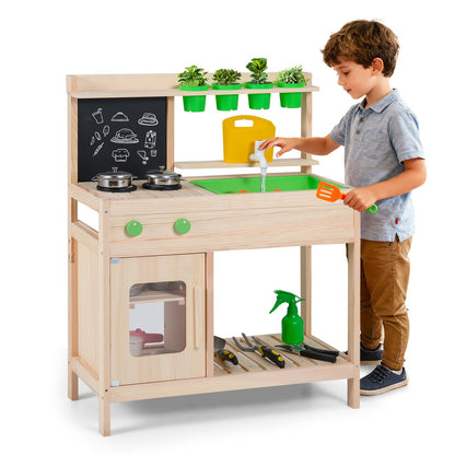 Kids Mud Kitchen Play Pretend Kitchen with Chalkboard for Kids Aged 3+