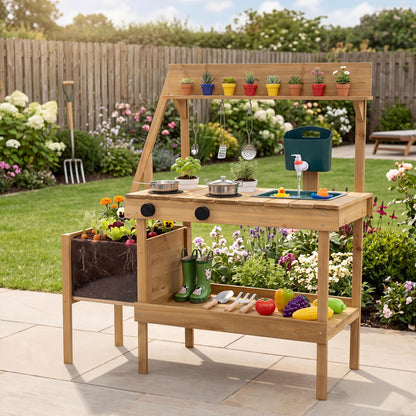 Kids wooden mud kitchen with planter box, natural finish, pretend play toy for outdoor imaginative cooking and gardening.