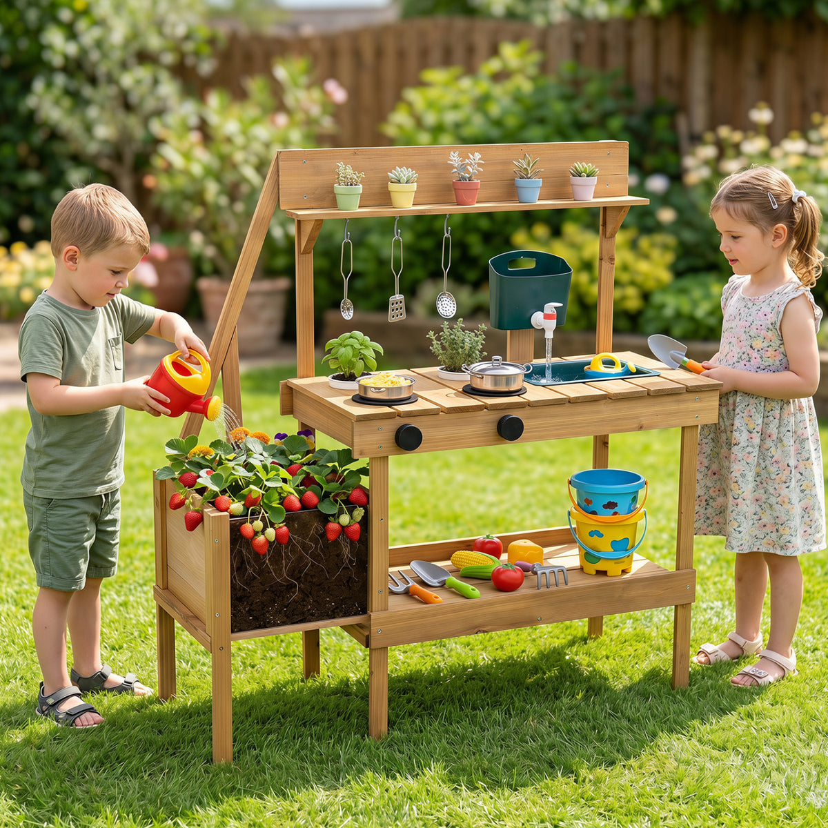 Kids wooden mud kitchen with planter box, natural finish, for pretend play, part of Wilsons Home Store's outdoor toy collection.