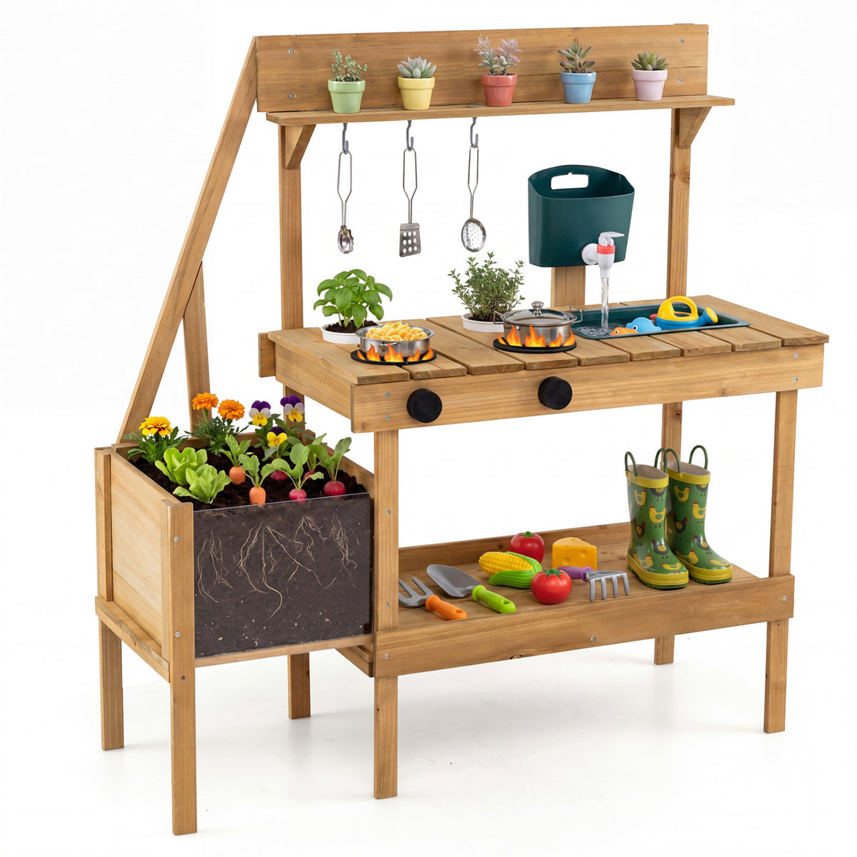 Kids wooden mud kitchen play set with planter box, natural finish, perfect for imaginative outdoor pretend cooking adventures.