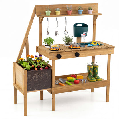 Kids wooden mud kitchen play set with planter box, natural finish, perfect for imaginative outdoor pretend cooking adventures.