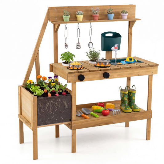 Kids wooden mud kitchen play set with planter box, natural finish, perfect for imaginative outdoor pretend cooking adventures.