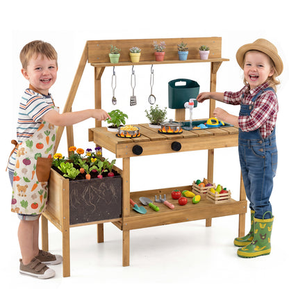 Kids wooden mud kitchen with planter box, natural finish, for pretend play and outdoor fun, by Wilsons Home Store.