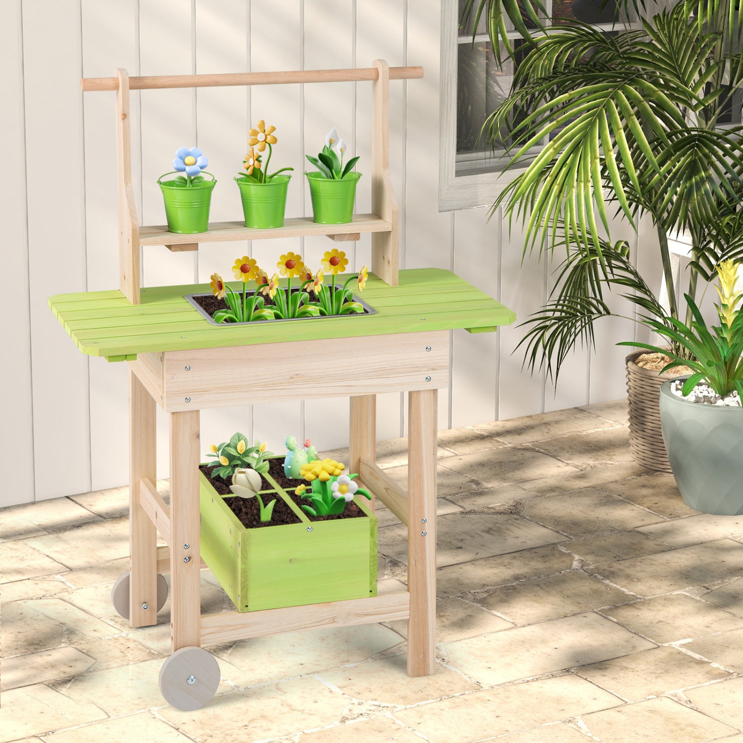 Kids mud kitchen with removable pots, watering can, planting trough, and storage box for outdoor pretend play.