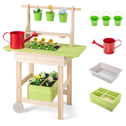 Kids mud kitchen with removable pots, watering can, planting trough, and storage box, perfect for imaginative outdoor play.