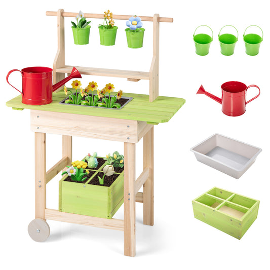 Kids mud kitchen with removable pots, watering can, planting trough, and storage box, perfect for imaginative outdoor play.