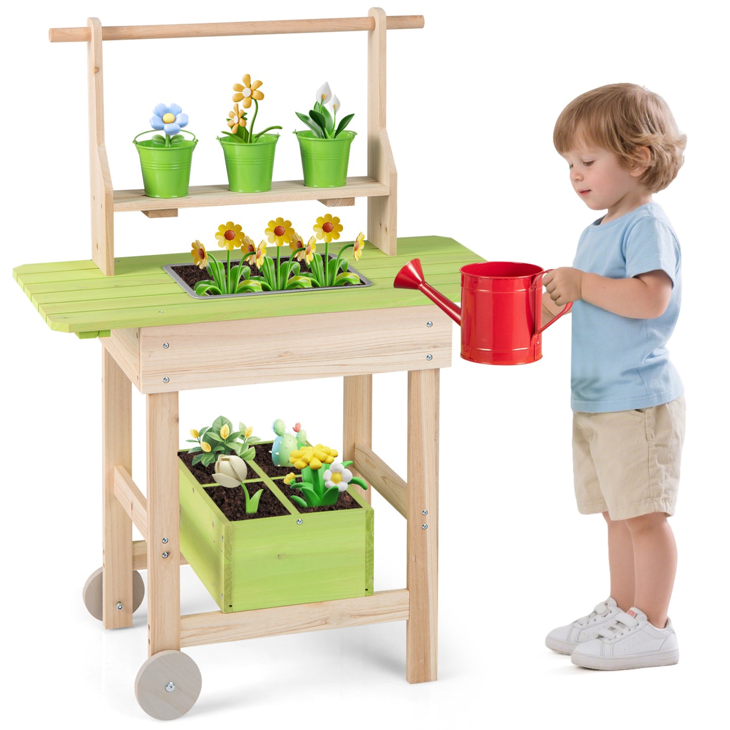 Kids mud kitchen with removable pots, watering can, planting trough, and storage box for pretend outdoor play.