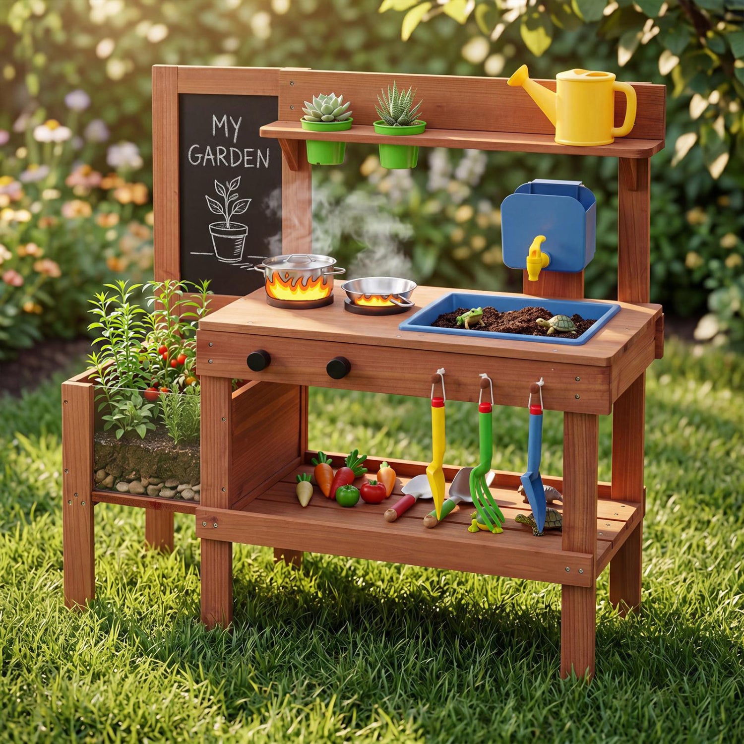 Kids mud kitchen with planter box, sink, and 13 accessories, natural wood finish, for ages 3+ pretend play outdoor toy