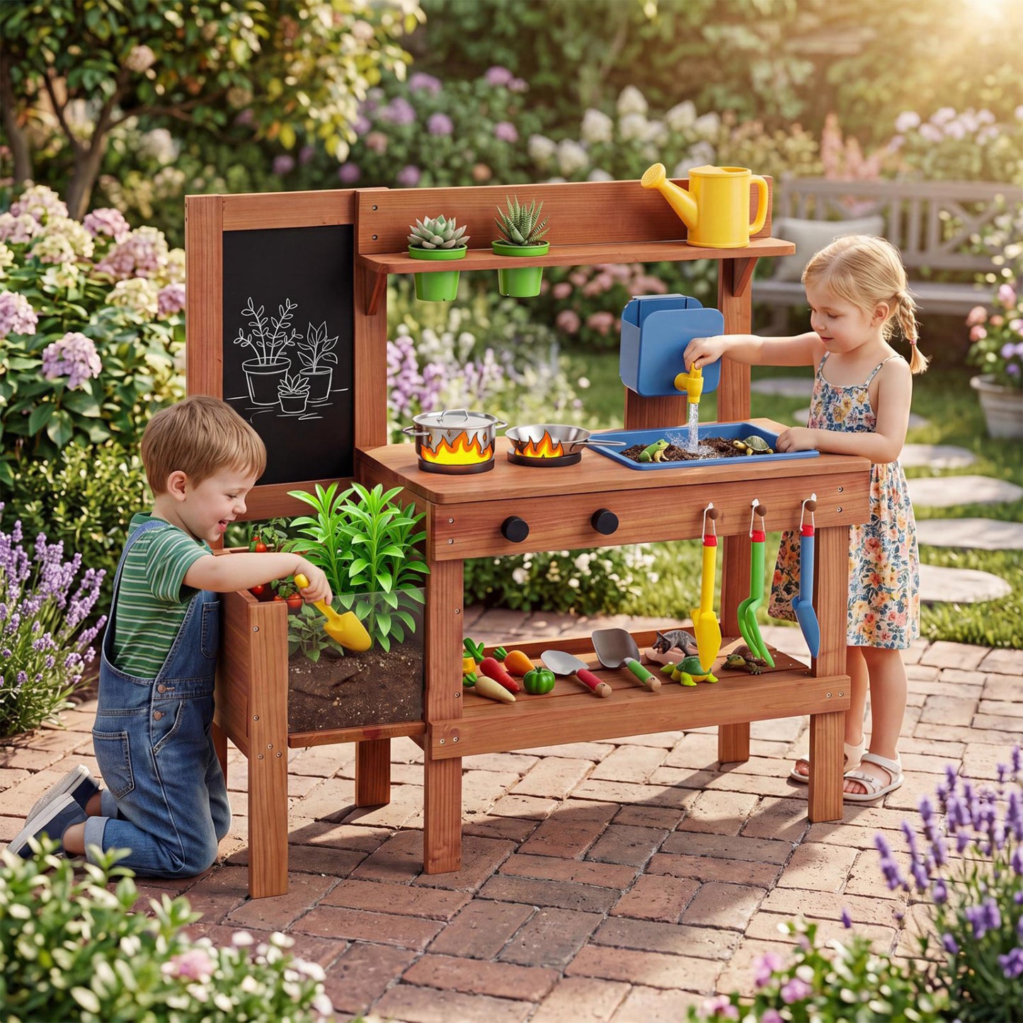 Kids mud kitchen with planter box, sink, and 13 accessories, natural wood finish, perfect for imaginative play for ages 3+
