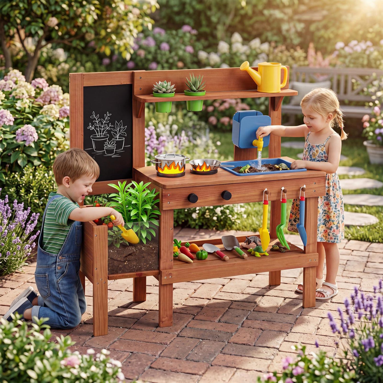 Kids mud kitchen with planter box, sink, and 13 accessories, natural wood finish, perfect for imaginative play for ages 3+