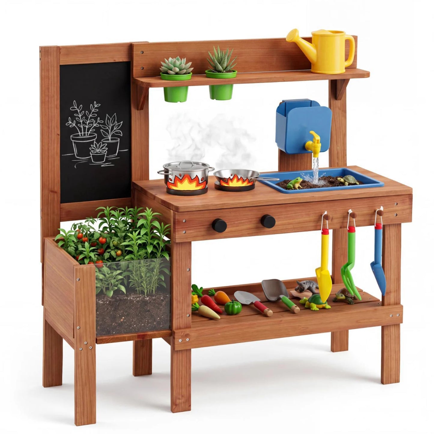 Kids mud kitchen with planter box, sink, and 13 accessories, ideal for pretend play and outdoor fun for ages 3+