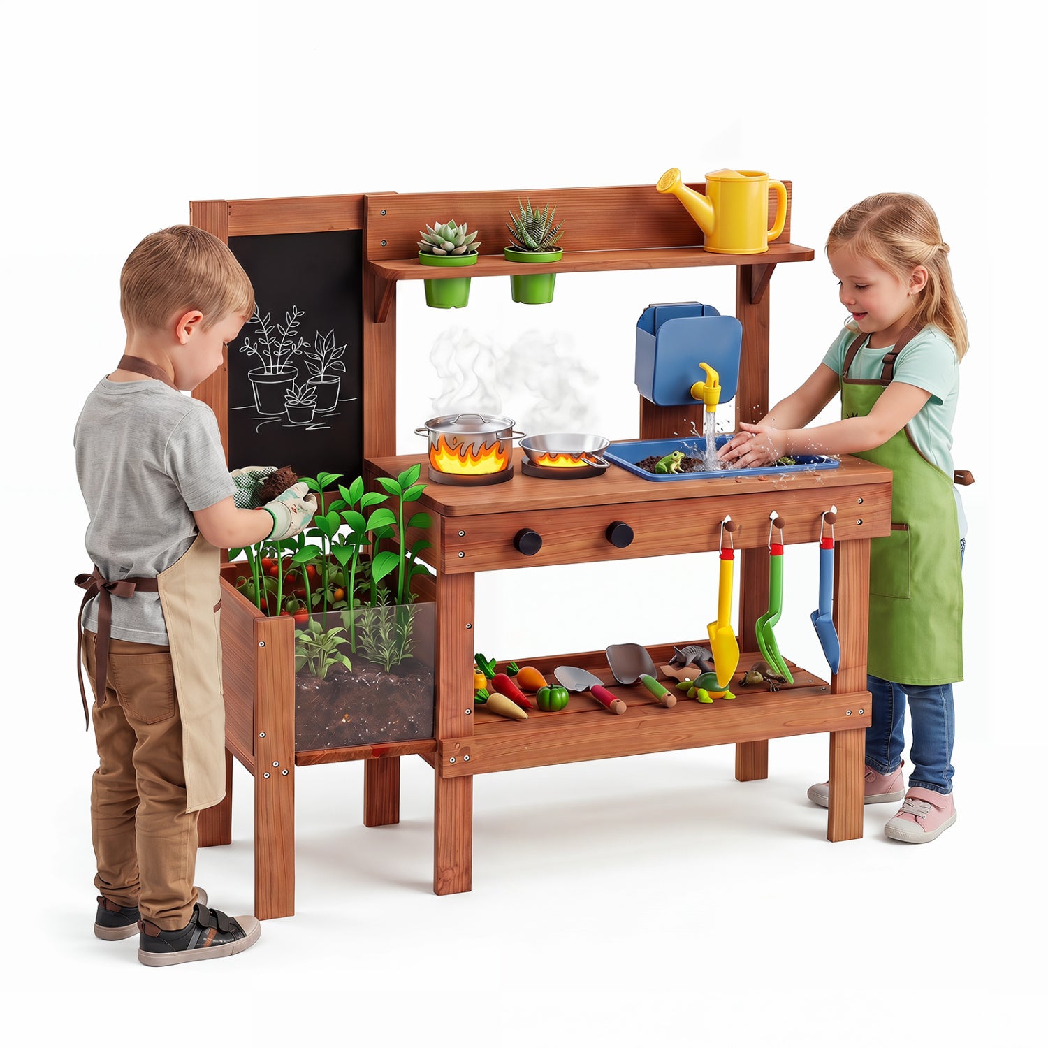 Kids mud kitchen with planter box, sink, and 13 accessories for ages 3+; outdoor pretend play toy by Wilsons Home Store