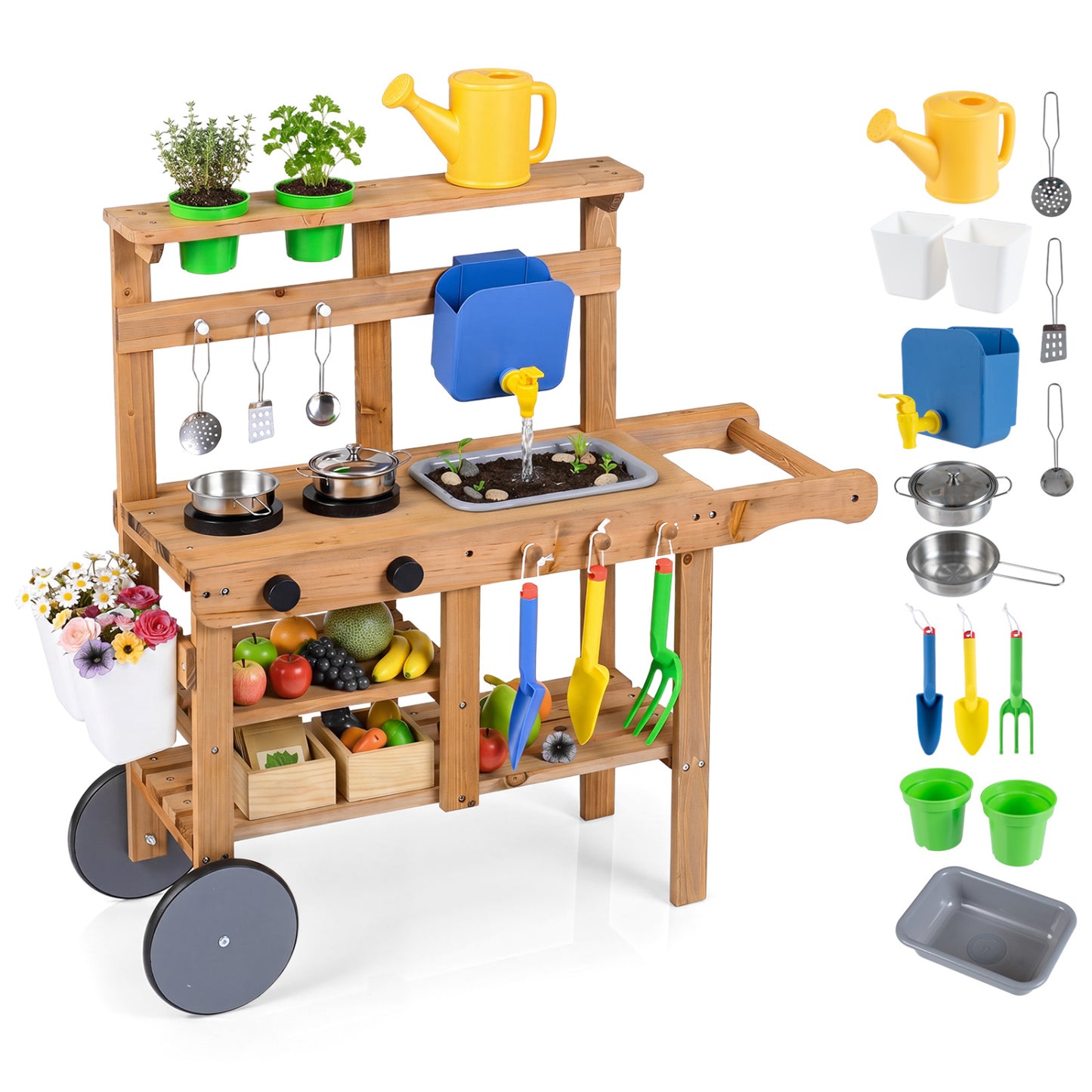 Kids mud kitchen with water tank, sink, and 15 accessories for ages 3+ from Wilsons Home Store, outdoor pretend play toy set.