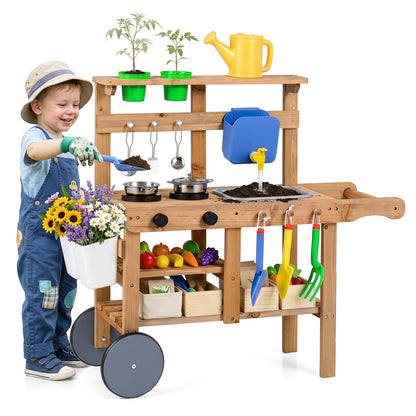 Kids mud kitchen play set with water tank, sink, and 15 accessories for children aged 3+ in natural outdoor setting.