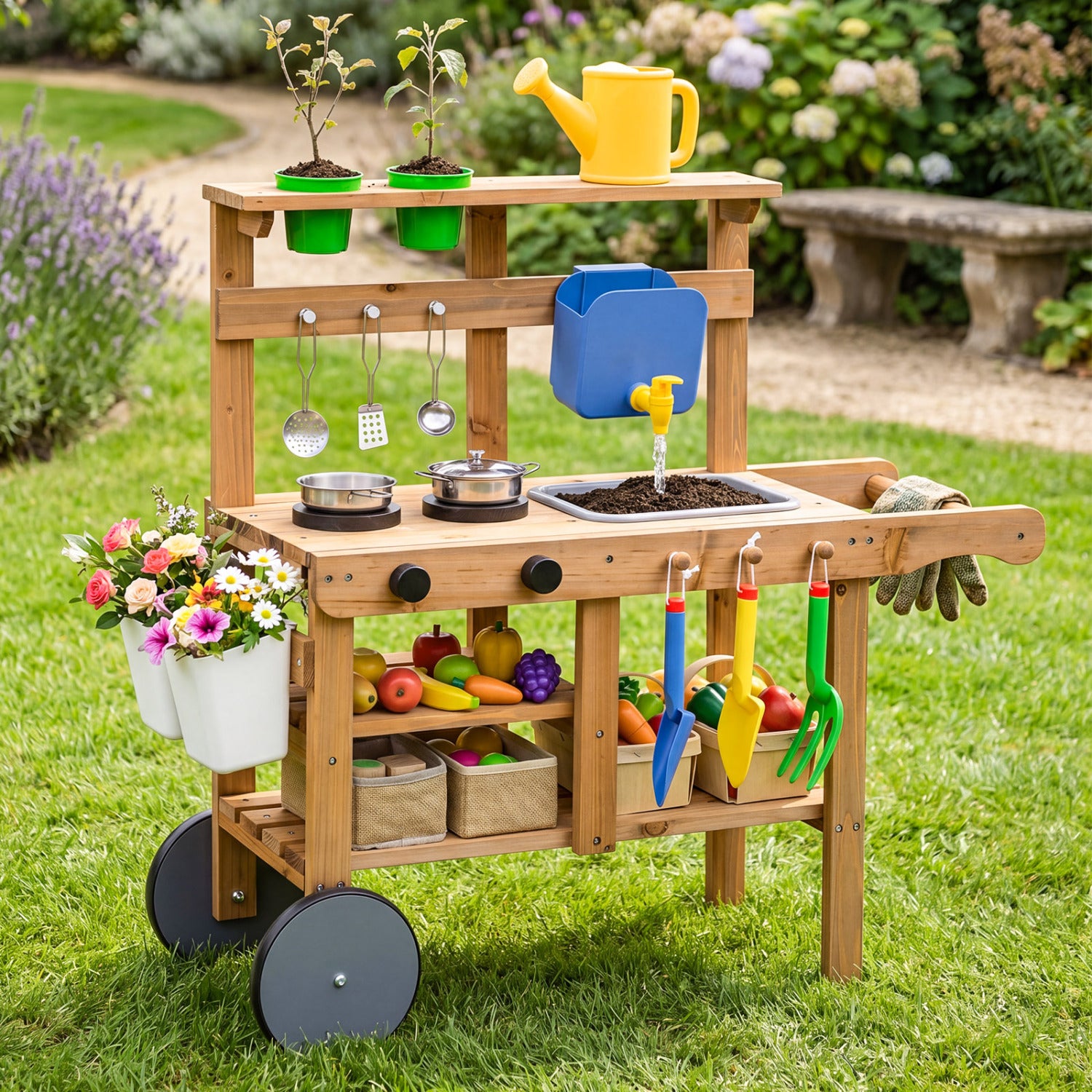Kids mud kitchen with water tank, sink, and 15 accessories for ages 3+; outdoor pretend play toy set.