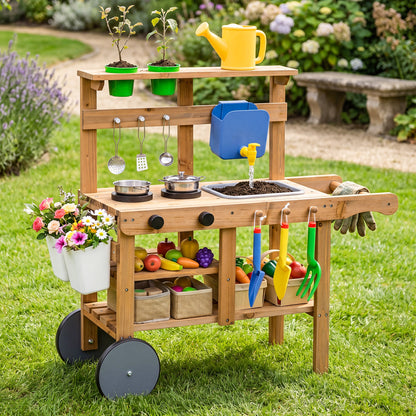 Kids mud kitchen with water tank, sink, and 15 accessories for ages 3+; outdoor pretend play toy set.