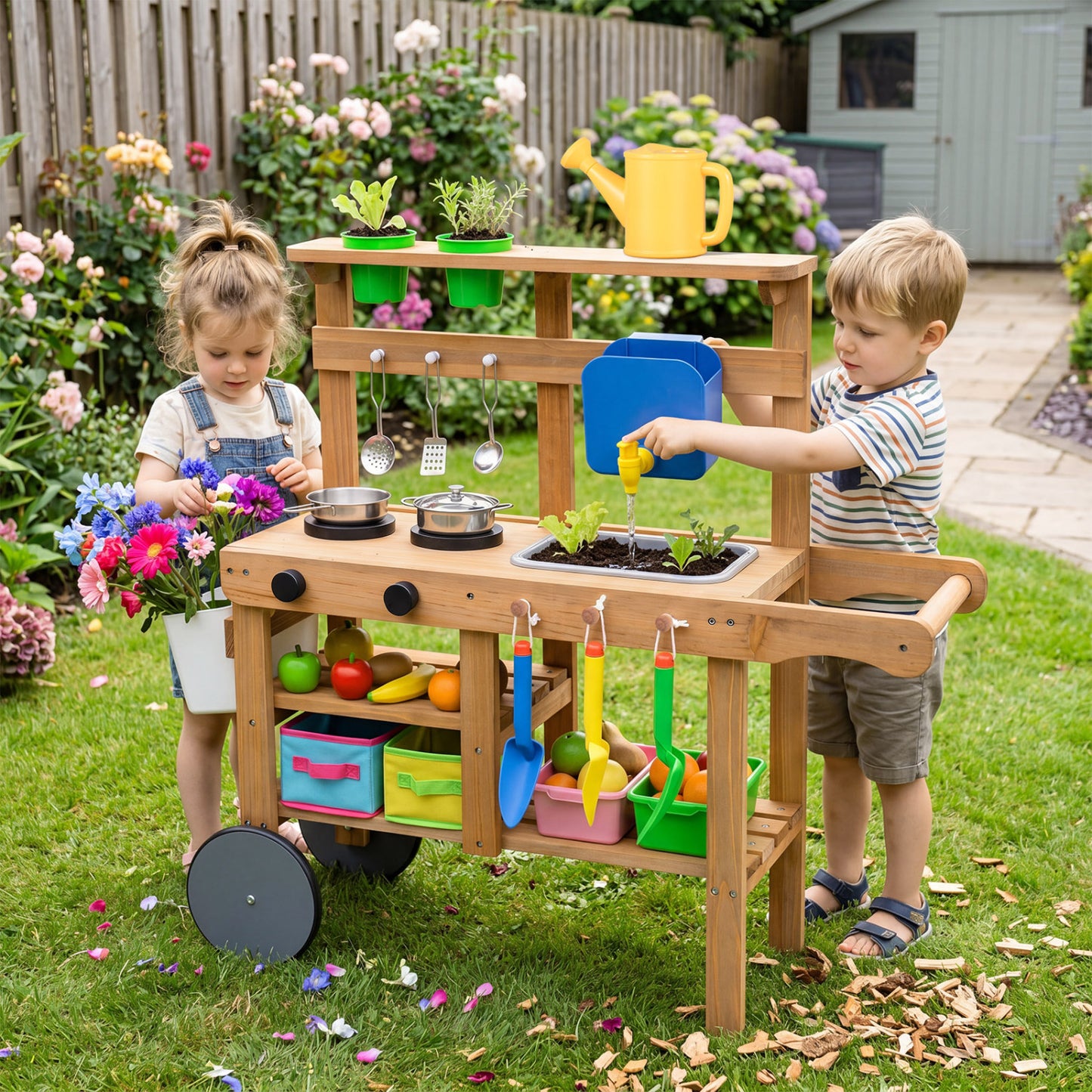 Kids mud kitchen with water tank, sink, and 15 accessories, natural wood finish, designed for children ages 3+ pretend play.