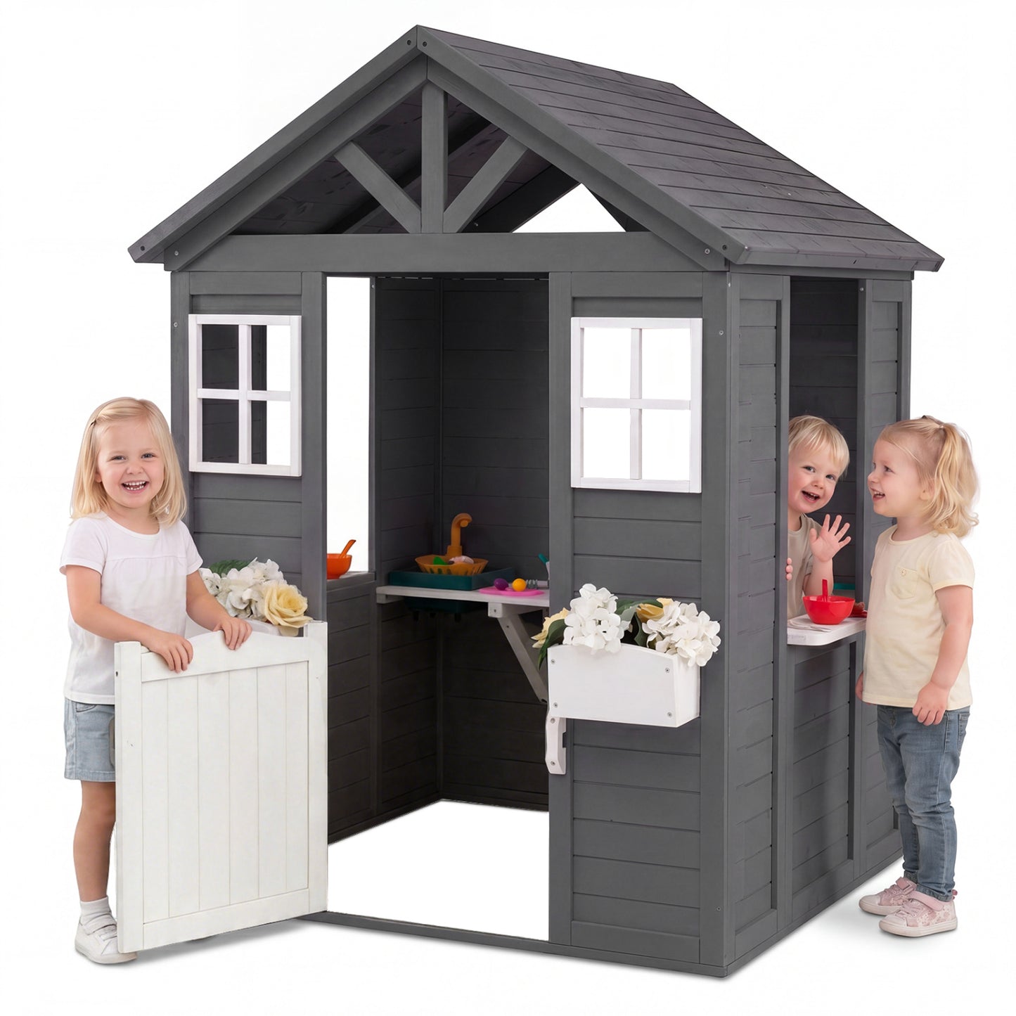 Kids Outdoor Playhouse with Sink Spruce Wooden Cottage with Half Door-Gray