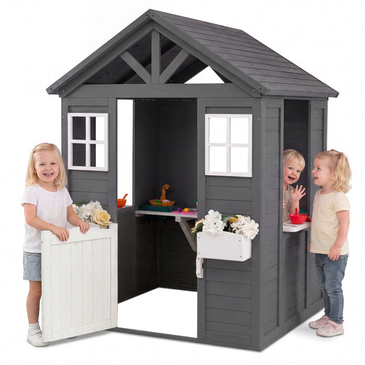 Kids Outdoor Playhouse with Sink Spruce Wooden Cottage with Half Door-Gray