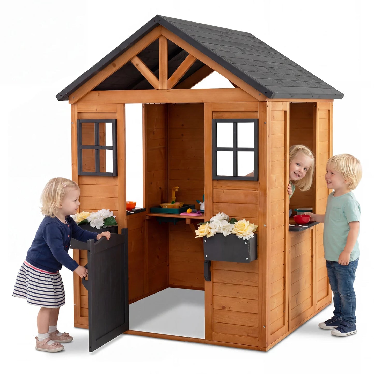 Kids Outdoor Playhouse with Sink Spruce Wooden Cottage with Half Door-Gray