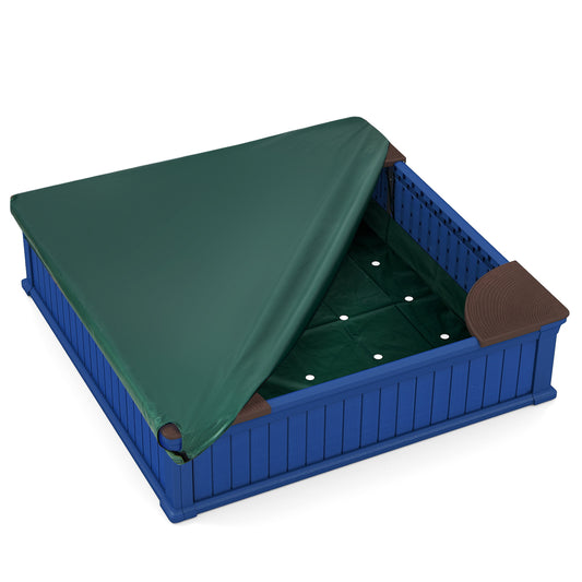 Kids outdoor sandbox with navy oxford cover and four corner seats, ideal for outdoor play and children’s sandpit fun.