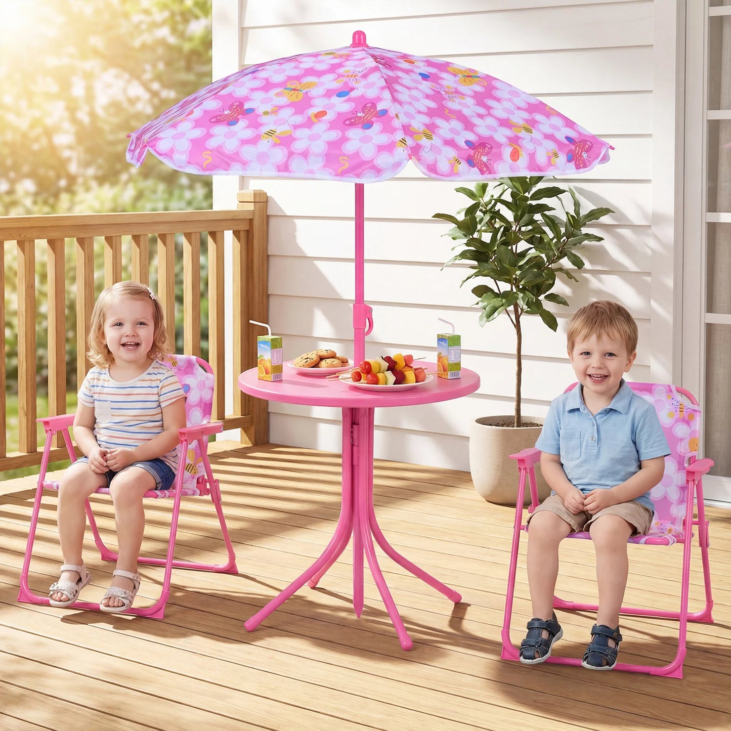 Kids Outdoor Table and Chair Set with 2 Folding Chairs and Height Adjustable Umbrella-Blue