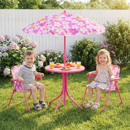 Kids Outdoor Table and Chair Set with 2 Folding Chairs and Height Adjustable Umbrella-Blue