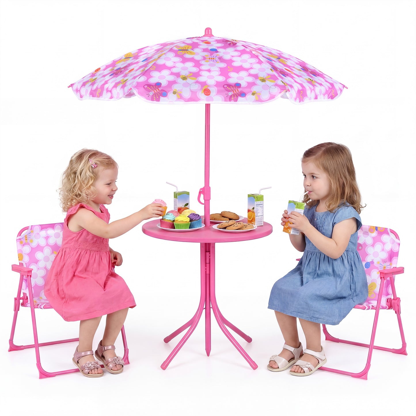 Kids Outdoor Table and Chair Set with 2 Folding Chairs and Height Adjustable Umbrella-Blue
