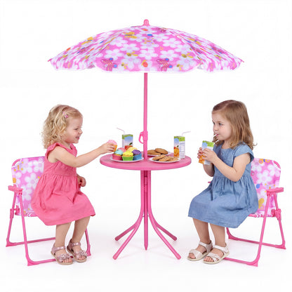 Kids Outdoor Table and Chair Set with 2 Folding Chairs and Height Adjustable Umbrella-Blue