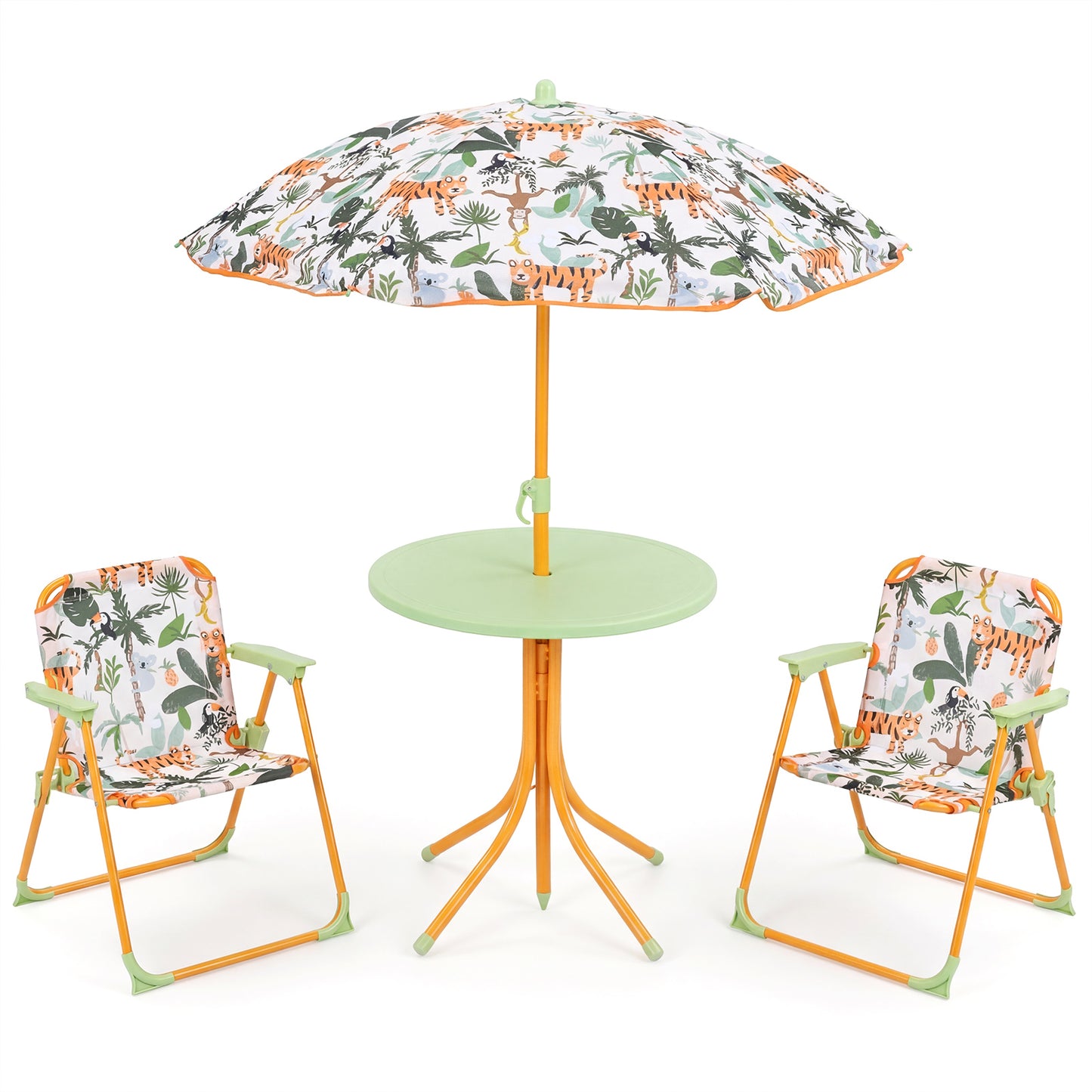 Kids Outdoor Table and Chair Set with 2 Folding Chairs and Height Adjustable Umbrella-Blue