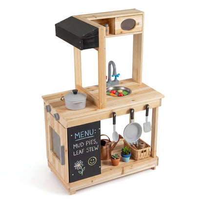Kids outdoor wooden mud kitchen with stoves and chalkboard, natural finish, pretend play toy for outdoor kitchen fun.