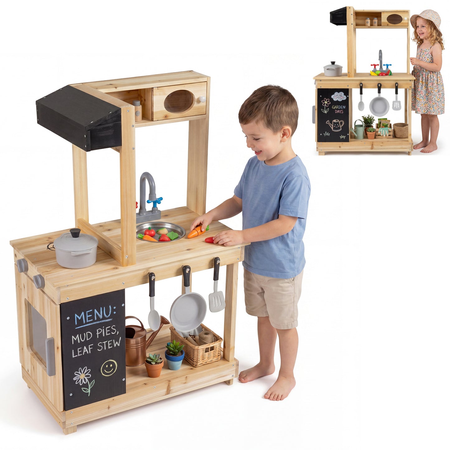 Kids outdoor wooden mud kitchen with stoves and chalkboard, natural finish, pretend play outdoor toy for children.