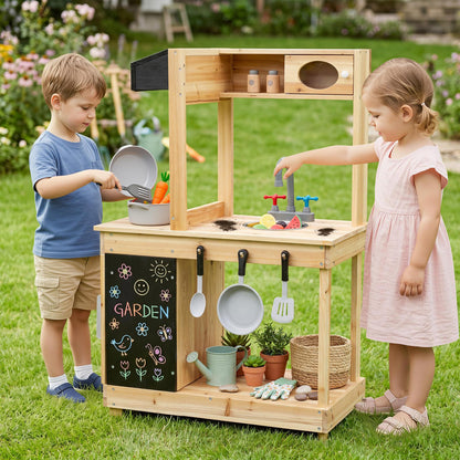 Kids outdoor wooden mud kitchen with stoves and chalkboard, natural finish, pretend play toy for outdoor activities.