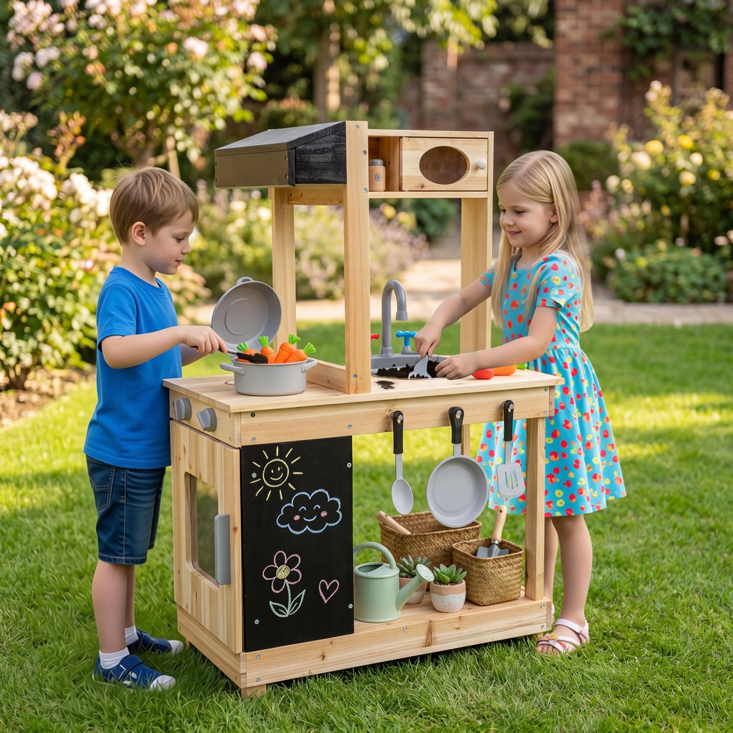 Kids outdoor wooden mud kitchen with stoves and chalkboard, natural finish, pretend play kitchen set for children.