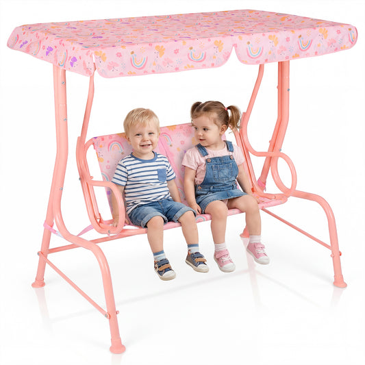 Kids Patio Swing 2-Seater Outdoor Porch Swing Lounge Chair with Adjustable Canopy-Pink