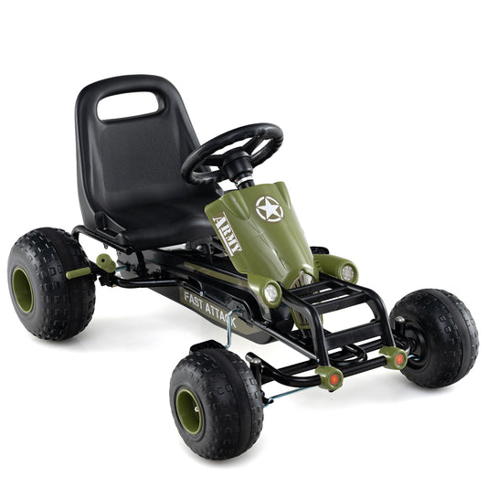Kids Pedal Go Kart with Steering Wheel and Gear Shifter and Handbrake-Green
