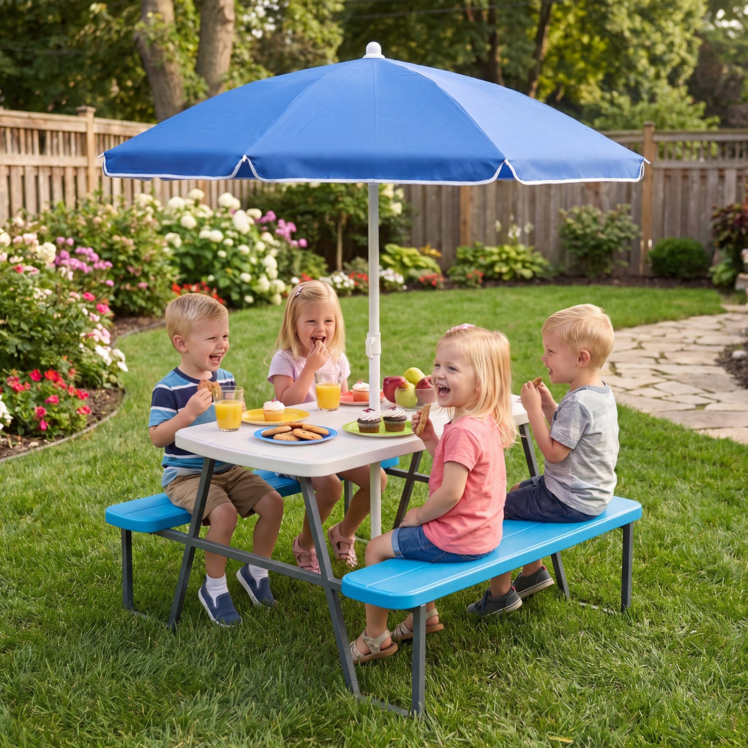 Blue kids picnic table with two benches, designed for toddlers and children, perfect for outdoor play and family activities.