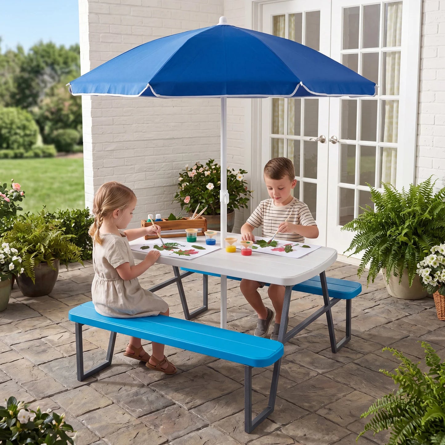 Blue kids picnic table with attached benches, designed for toddlers and children, suitable for outdoor play and activities.