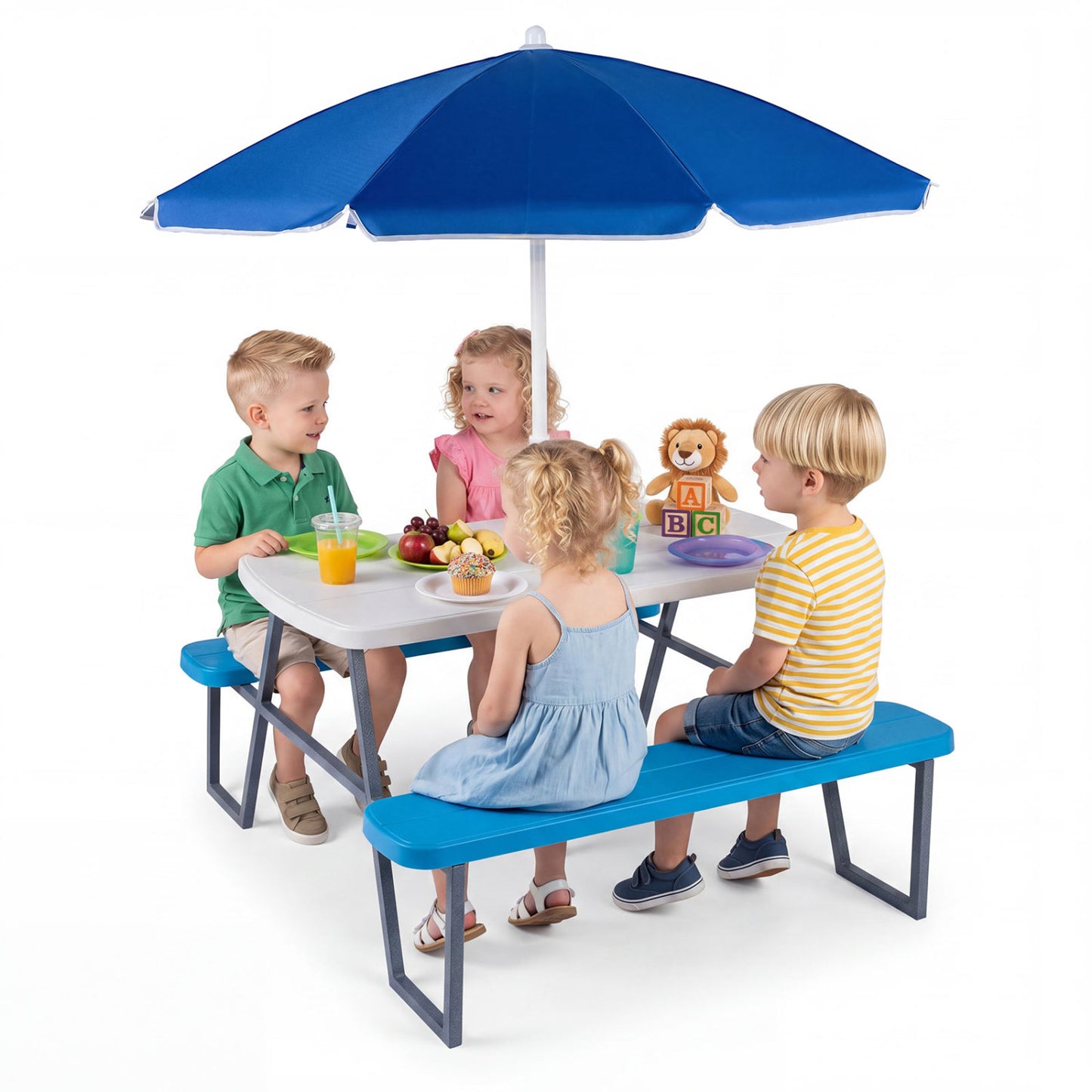 Blue kids picnic table with attached benches, perfect for up to four children, designed for toddler and kids furniture.