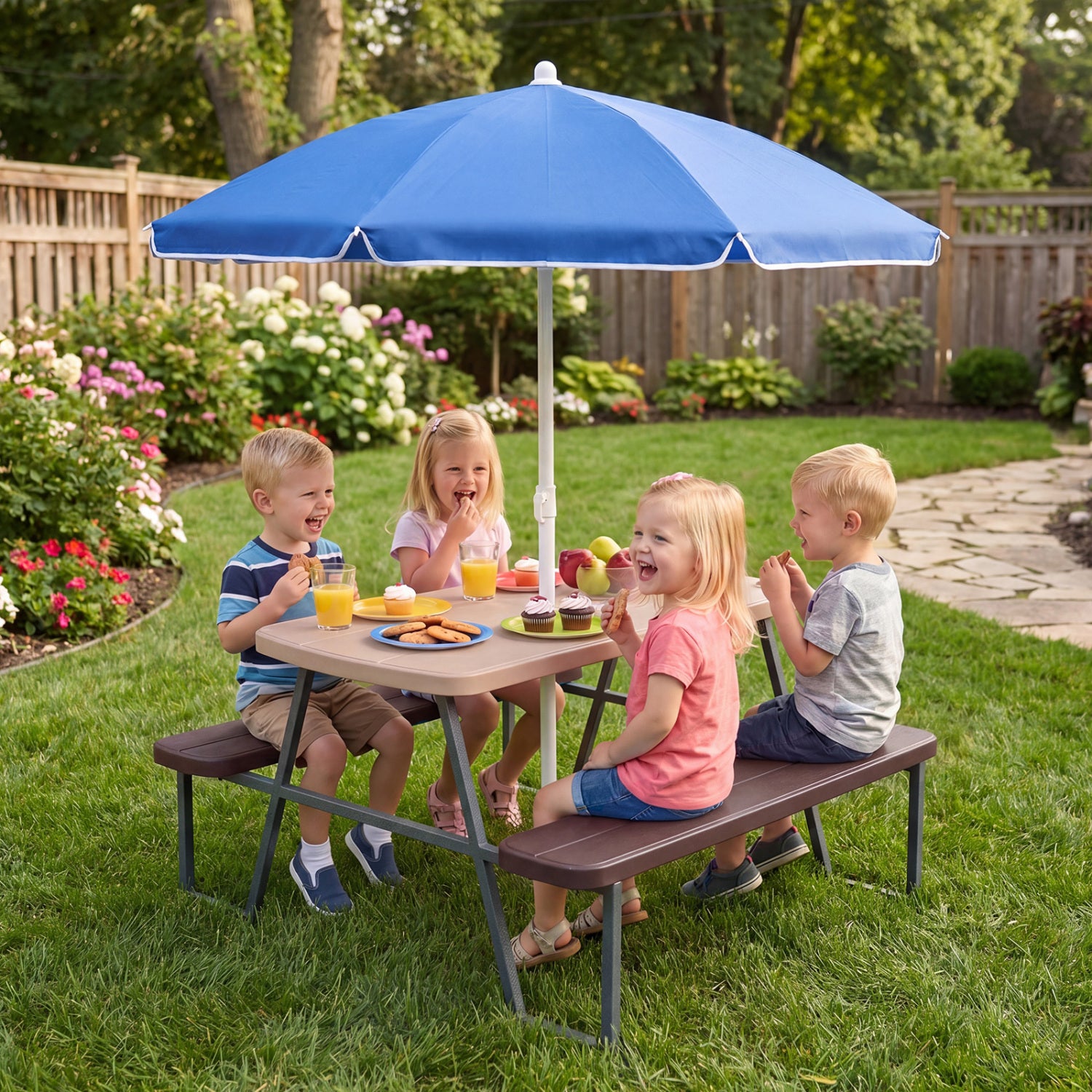 Blue kids picnic table with attached benches for up to four children, ideal for toddler and kids furniture play area.