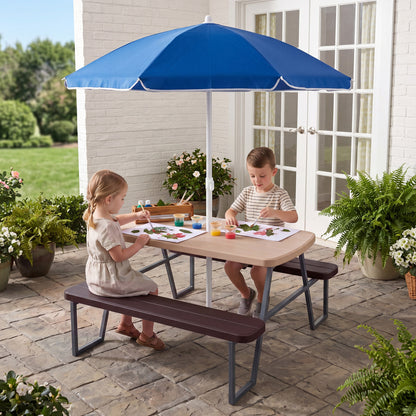 Blue kids picnic table with attached benches, suitable for up to four children, made by Direct by Wilsons Home Store.