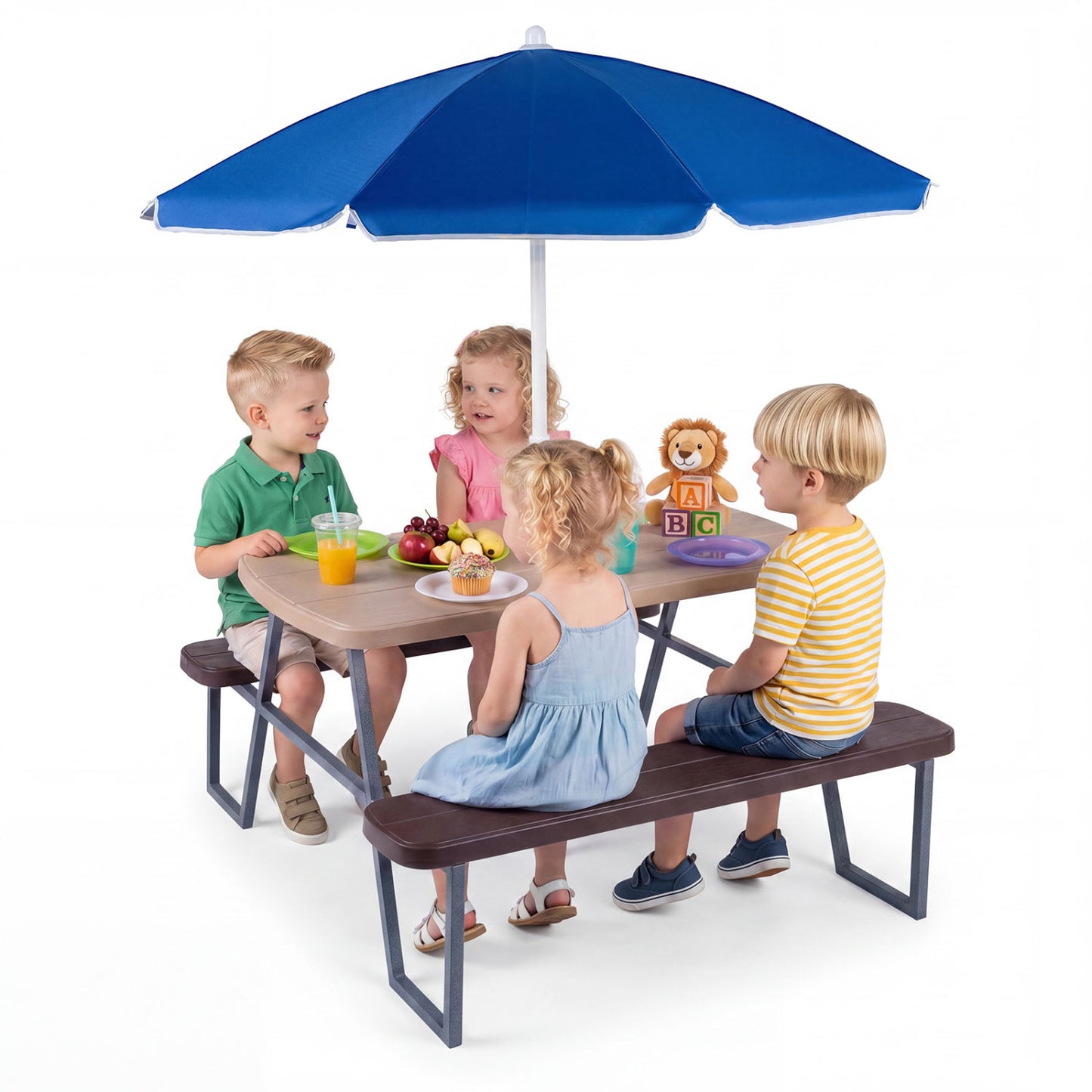 Blue kids picnic table with attached benches for up to 4 children, toddler and kids furniture by Wilsons Home Store.