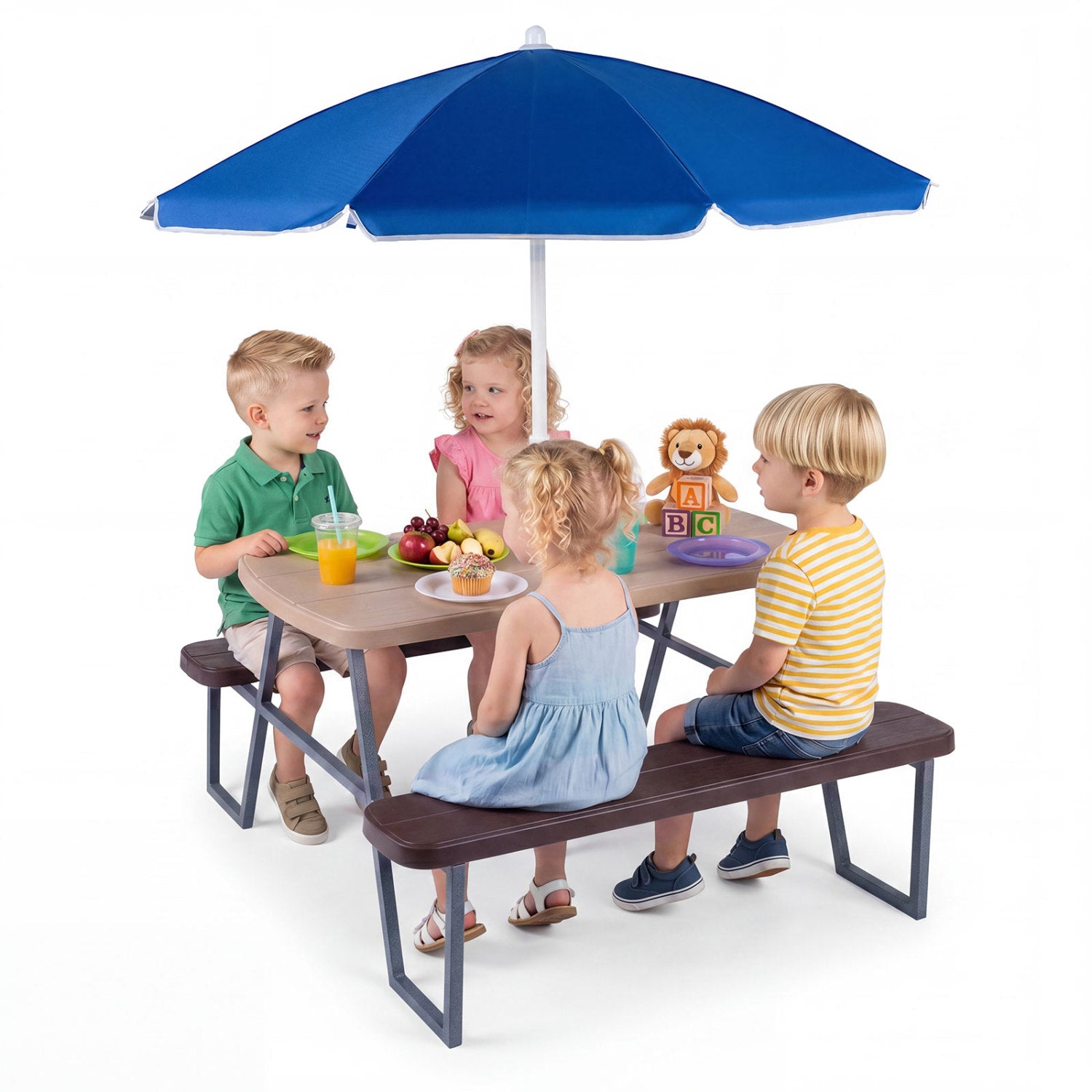 Blue kids picnic table with attached benches for up to 4 children, toddler and kids furniture by Wilsons Home Store.