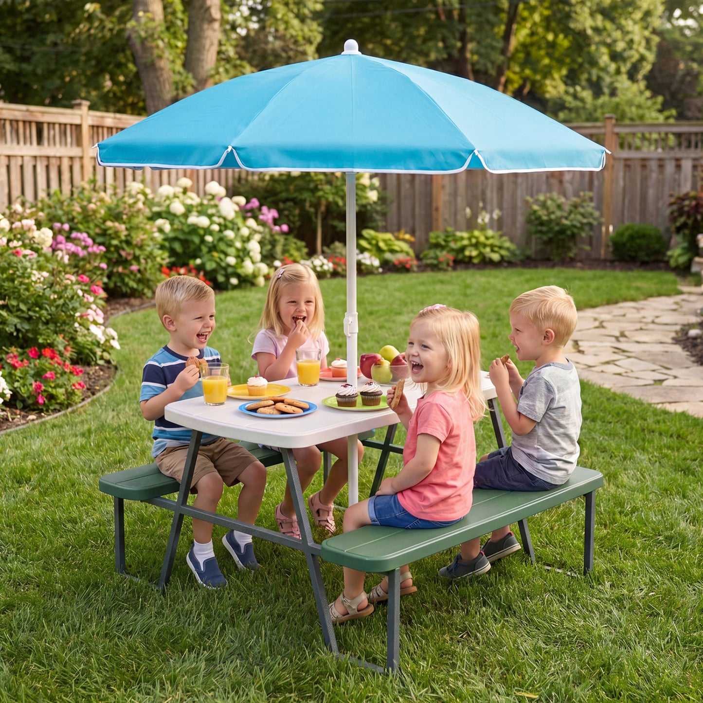 Blue kids picnic table with attached benches, designed for up to four children, ideal for toddler and kids outdoor furniture.
