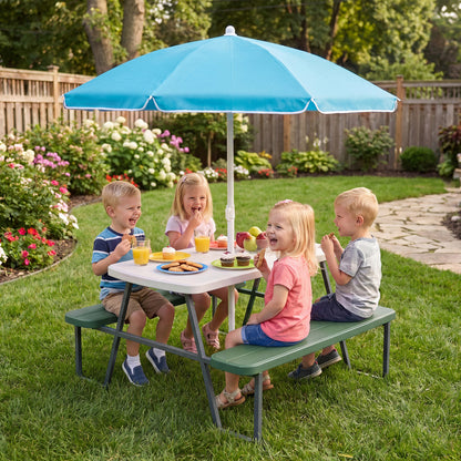 Blue kids picnic table with attached benches, designed for up to four children, ideal for toddler and kids outdoor furniture.